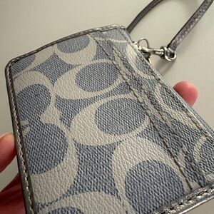 Coach Blue and Cream Signature ID Card Holder with Wrist Strap